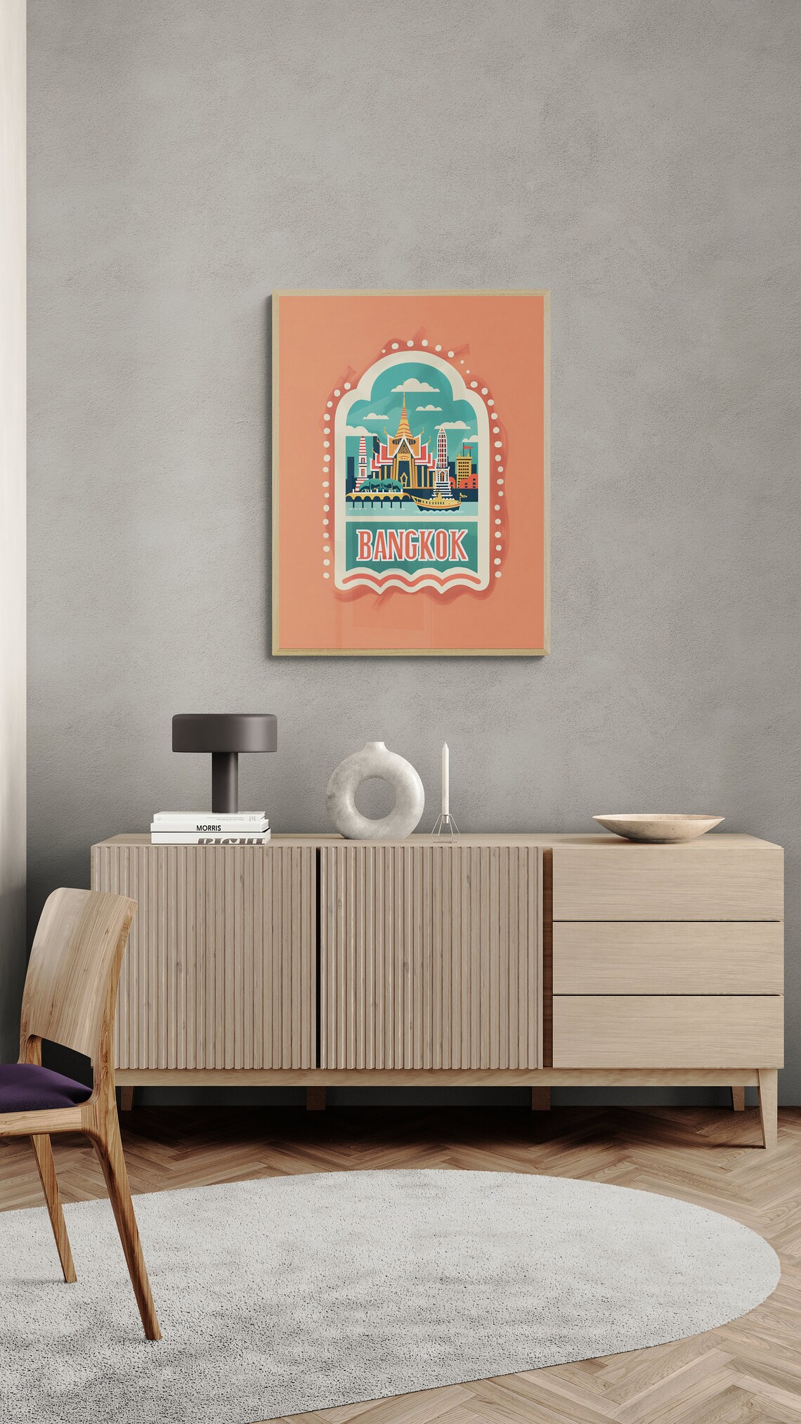 Bangkok Thailand Temple River Boat Vintage Arch Travel Poster - Image 3