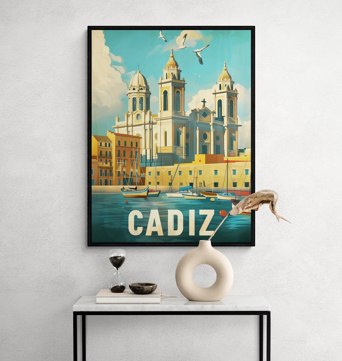 Cadiz Cathedral and Harbor Boats Vintage Spanish Travel Poster - Image 2