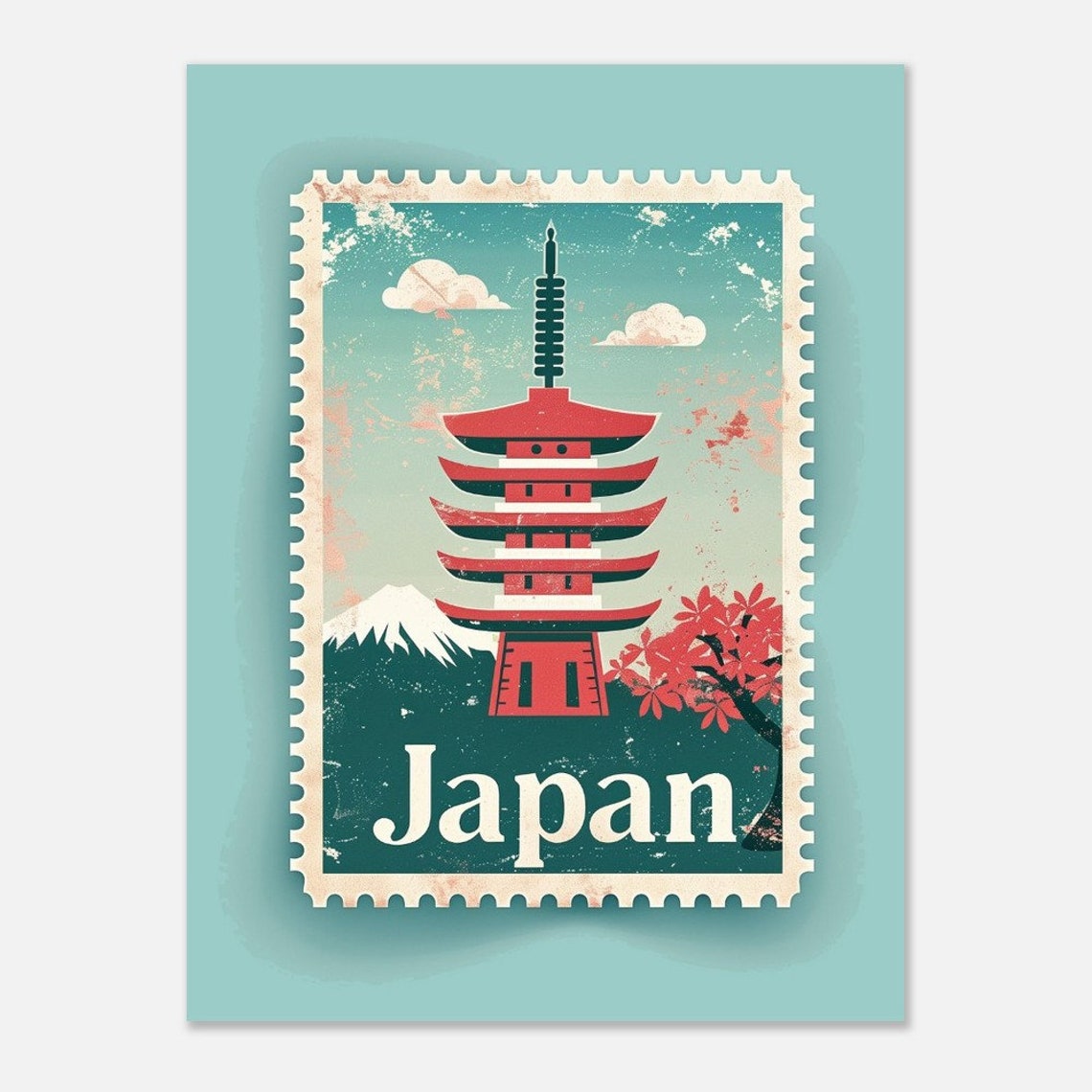 Japan Pagoda Mount Fuji Maple Vintage Stamp Style Travel Poster - Image 2