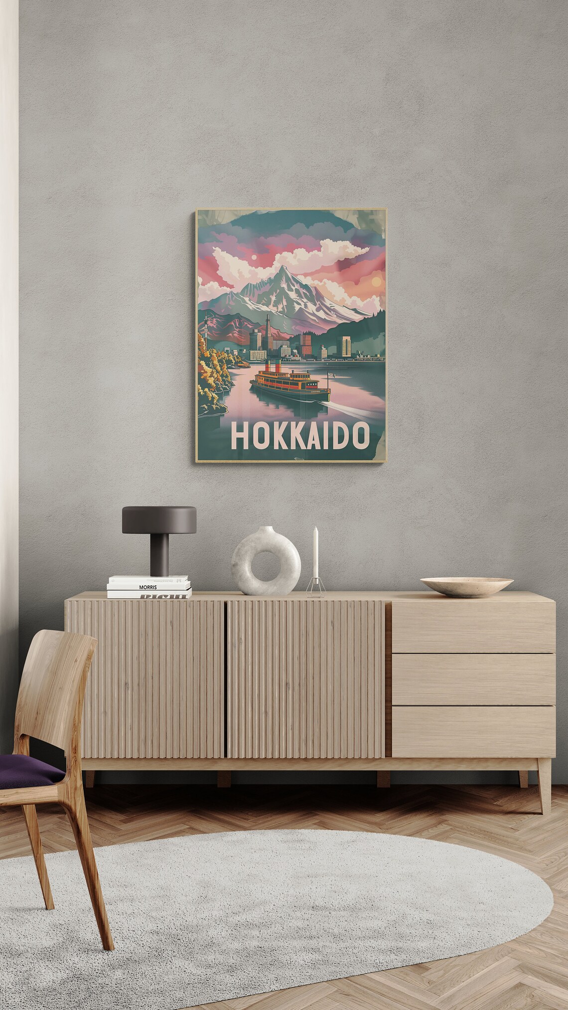Hokkaido Japan Snowy Peak Lake Ferry Sunset Vintage Travel Poster - Image 4