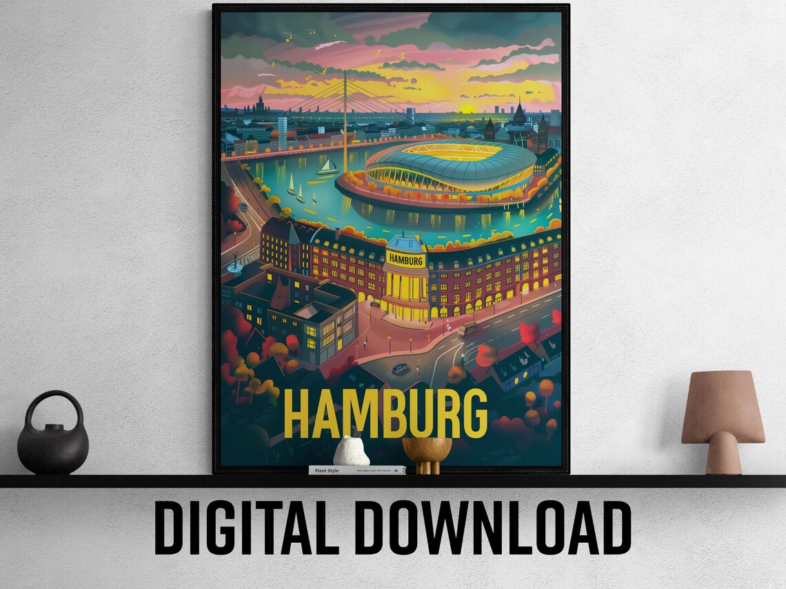 Hamburg Germany Dusk Aerial Riverside Stadium Travel Poster Art