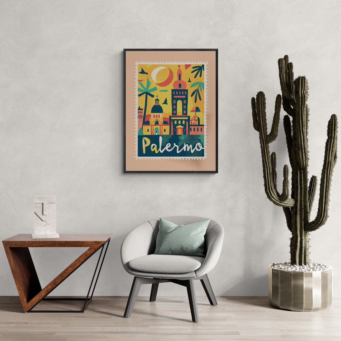 Palermo Sicily Skyline Palm Trees Peach Vintage Stamp Travel Poster - Image 4
