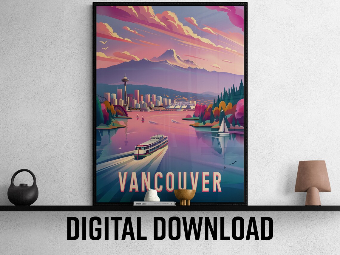 Vancouver Bay Ferry Wake Sailboats Pink Sunset Shore Travel Poster - Image 3