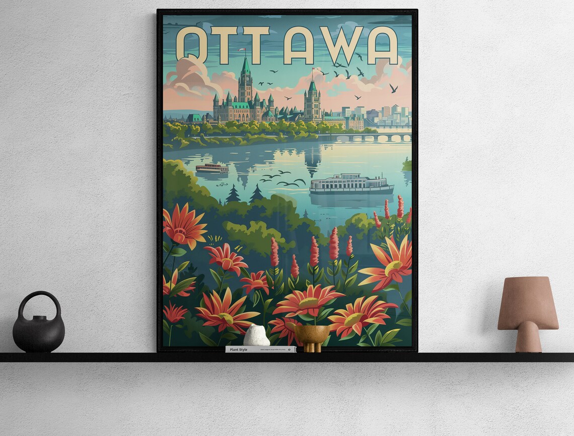 Ottawa Parliament Hill and River Boats Vintage Floral Travel Poster - Image 3