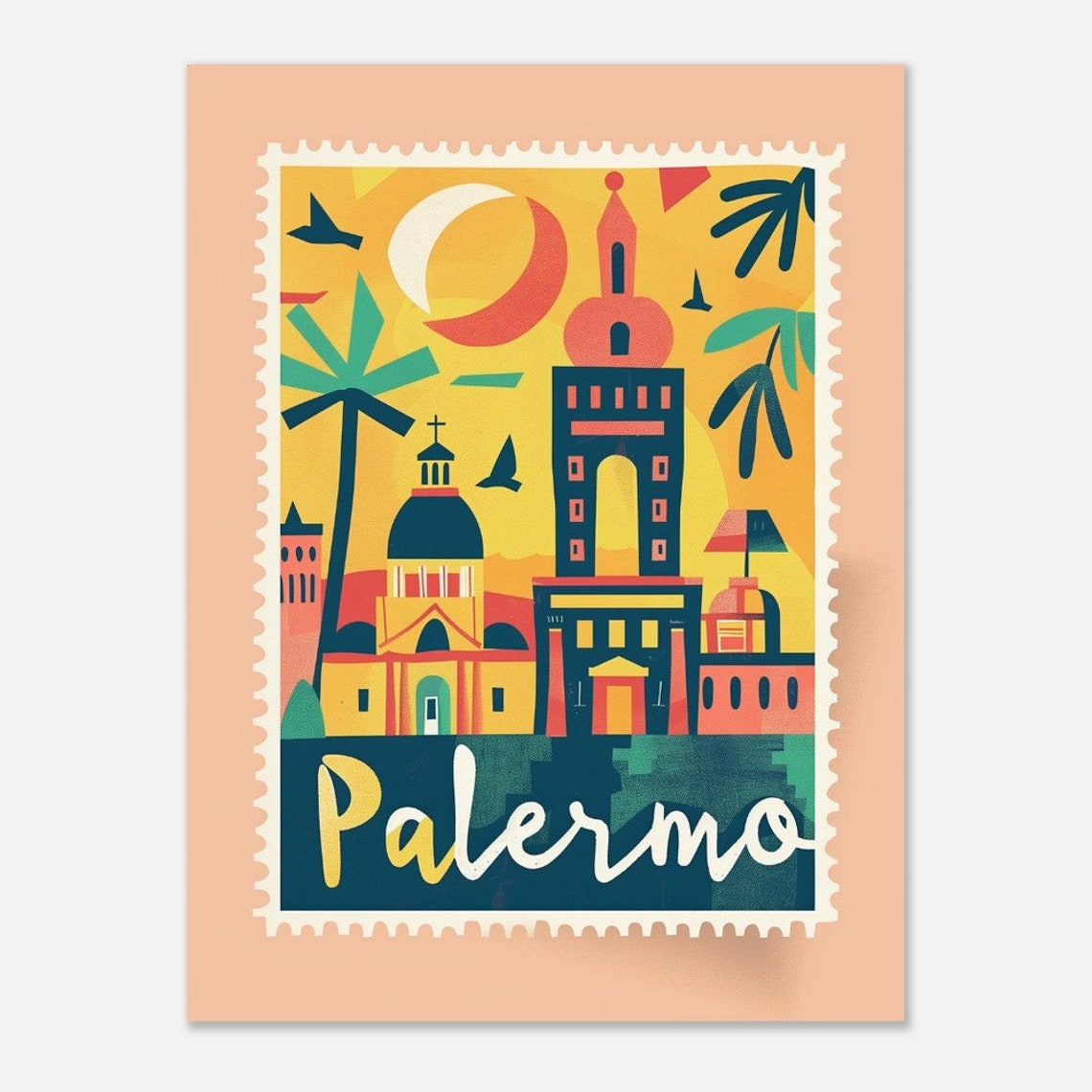 Palermo Sicily Skyline Palm Trees Peach Vintage Stamp Travel Poster - Image 2