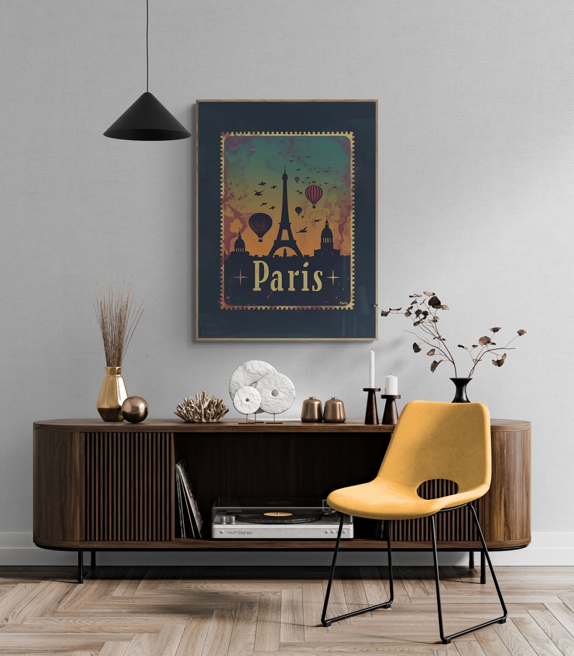 Paris Eiffel Tower Hot Air Balloons Sunset Stamp Style Travel Poster - Image 5