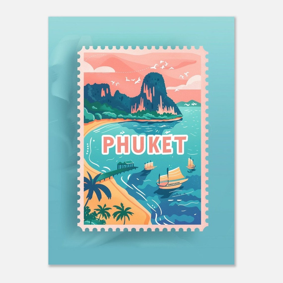 Phuket Thailand Cliffs Beach Boats Vintage Travel Stamp Poster - Image 2