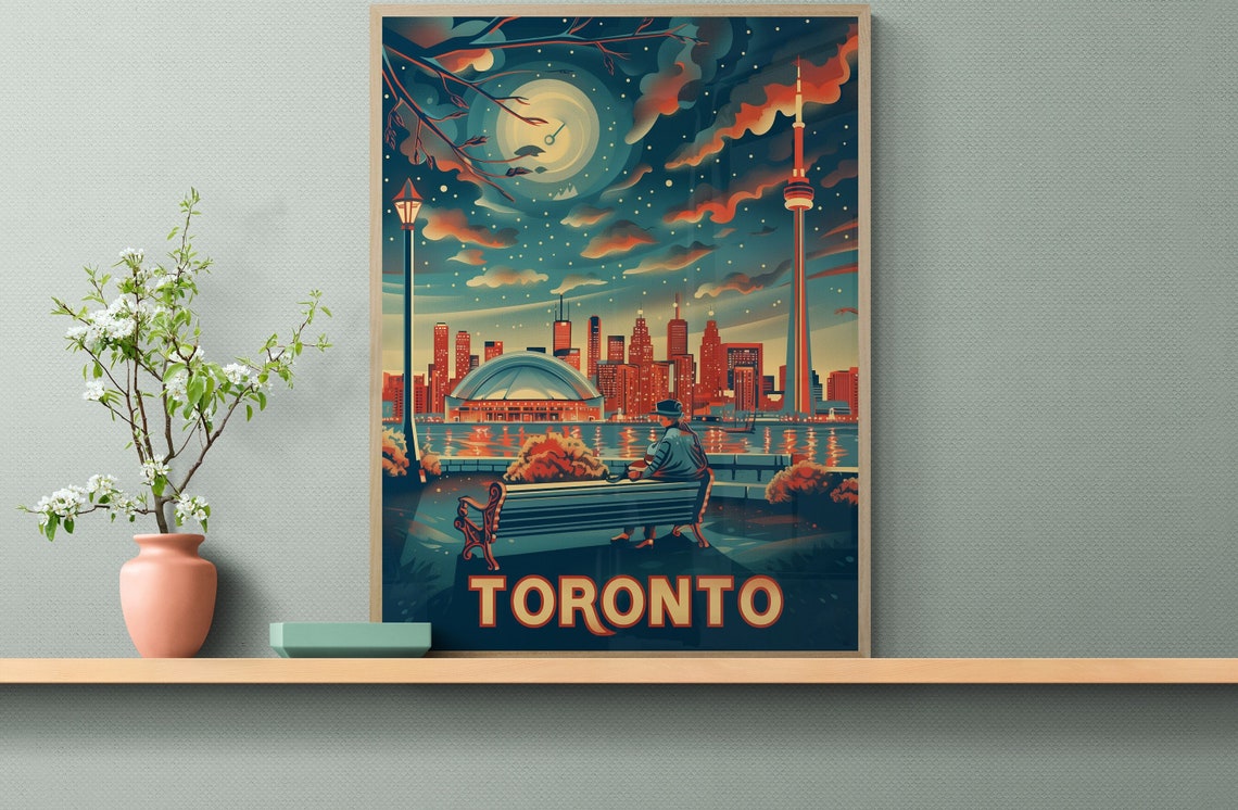 Toronto Moonlit Night Skyline With CN Tower Vintage Travel Poster