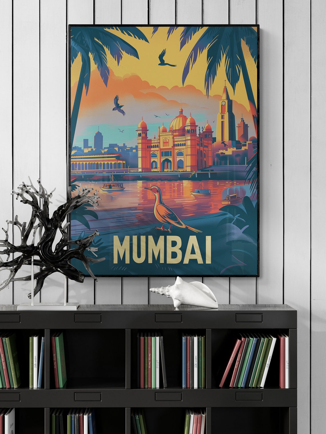 Mumbai Waterfront Palace Bird Sunset Retro India Travel Poster - Image 5
