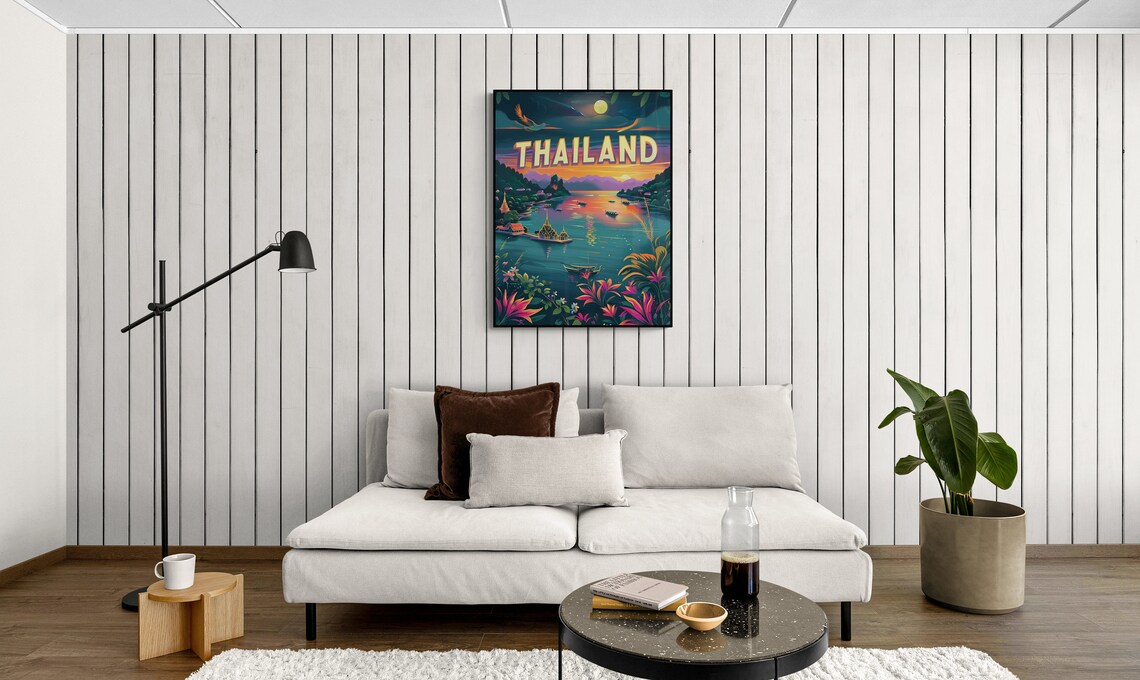 Thailand Tropical Bay Moonrise Longtail Boats Retro Travel Poster - Image 2