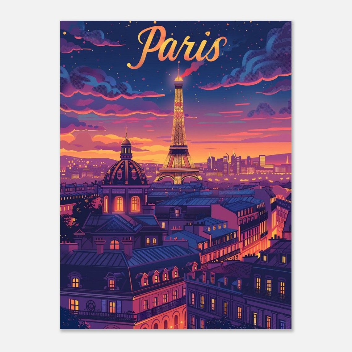 Paris Eiffel Tower Rooftops Night Skyline Romantic Travel Poster - Image 2