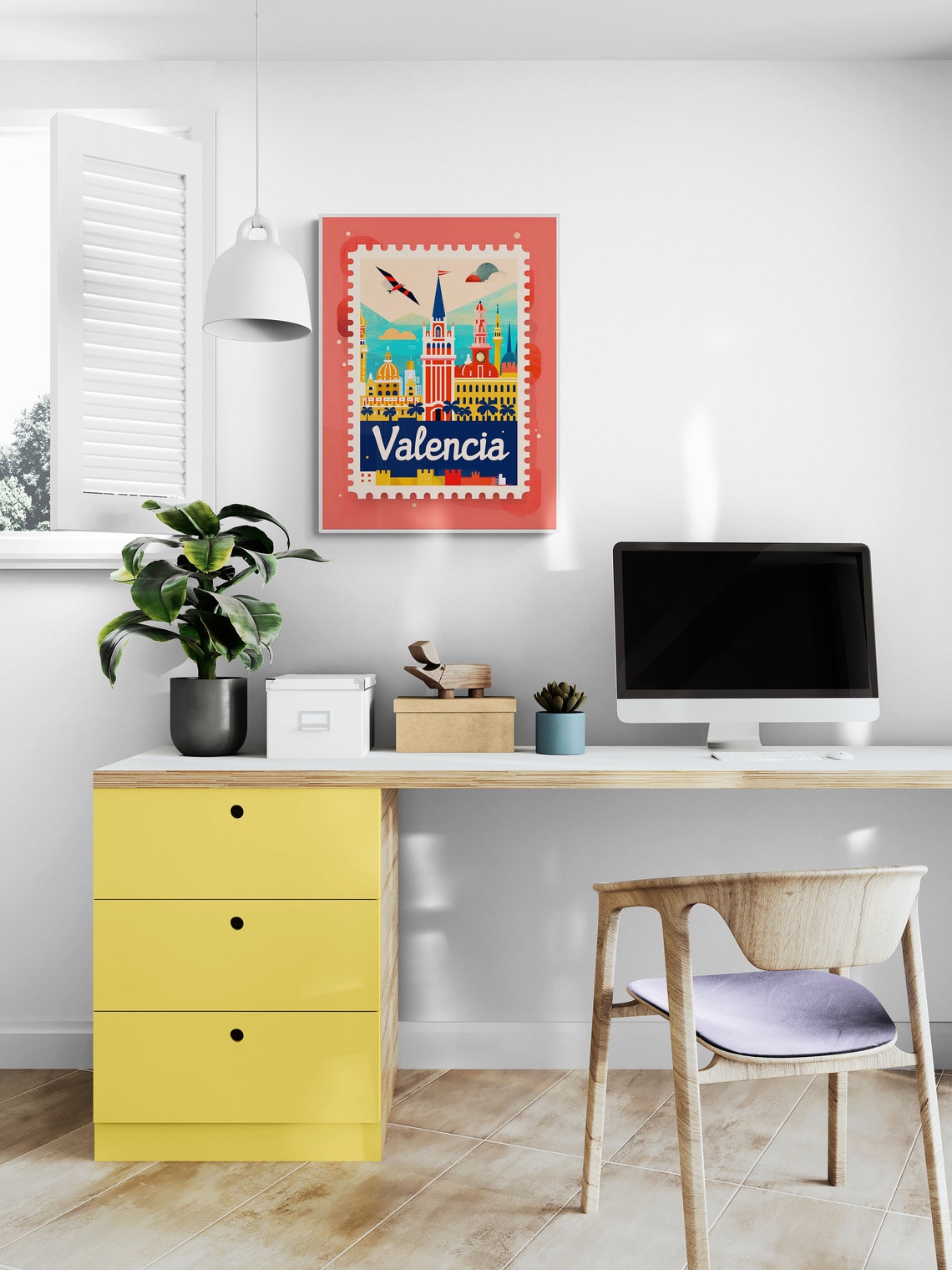 Valencia City Skyline Blue Spire Palm Trees Stamp Style Travel Poster - Image 4