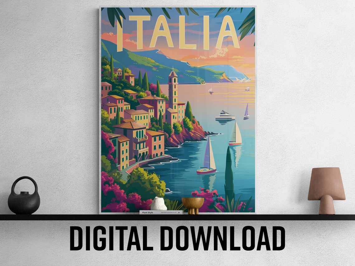 Italia Cliffside Seaside Village with Sailboats Sunset Travel Poster