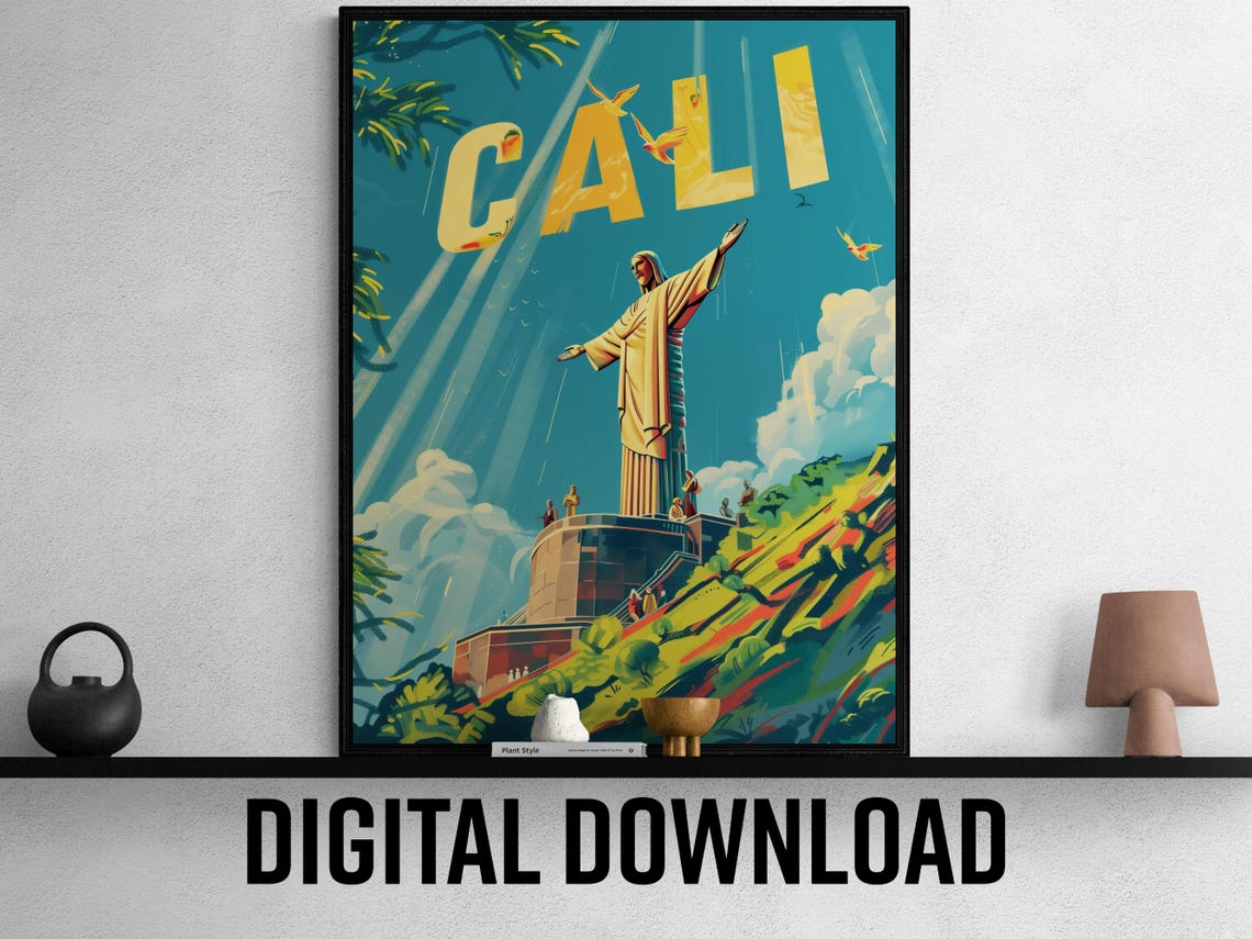 Cali Colombia Cristo Rey Statue Hilltop Sun Travel Poster Art