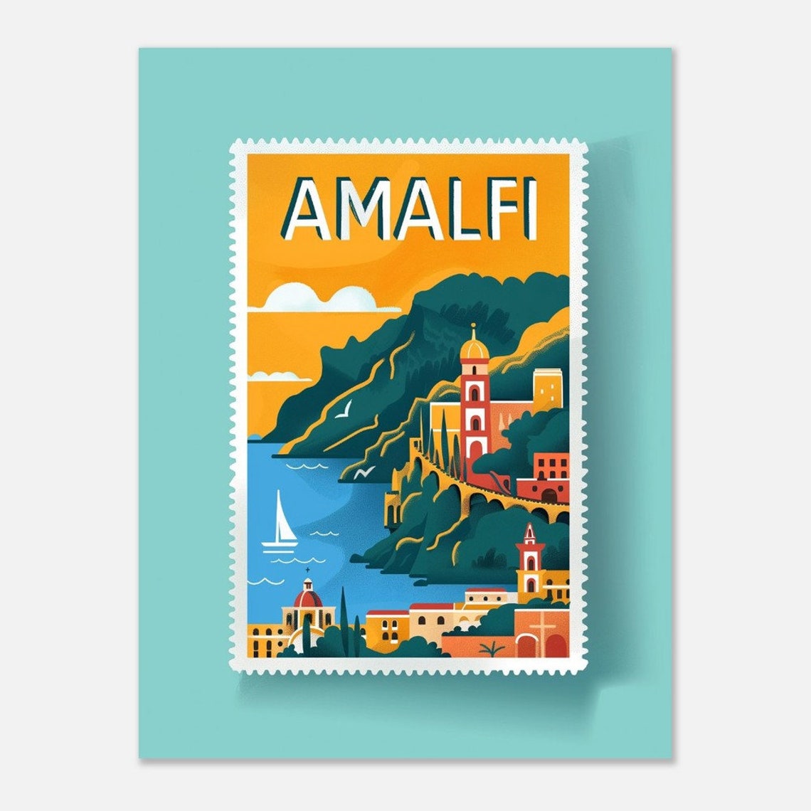 Amalfi Coast Cliffside Sailboat Sunset Teal Stamp Travel Poster - Image 2