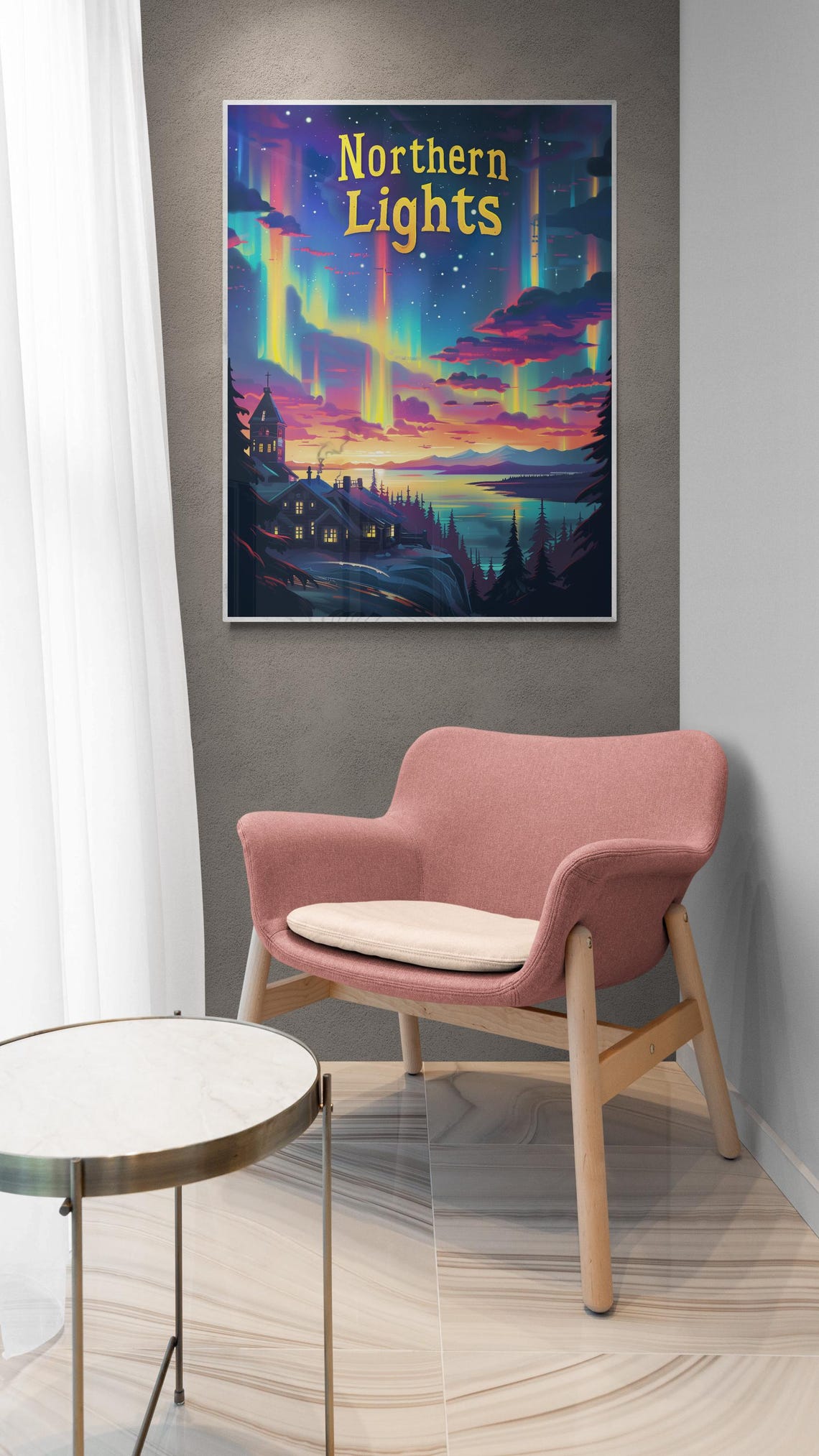 Northern Lights Aurora Over Snowy Village Church Night Travel Poster
