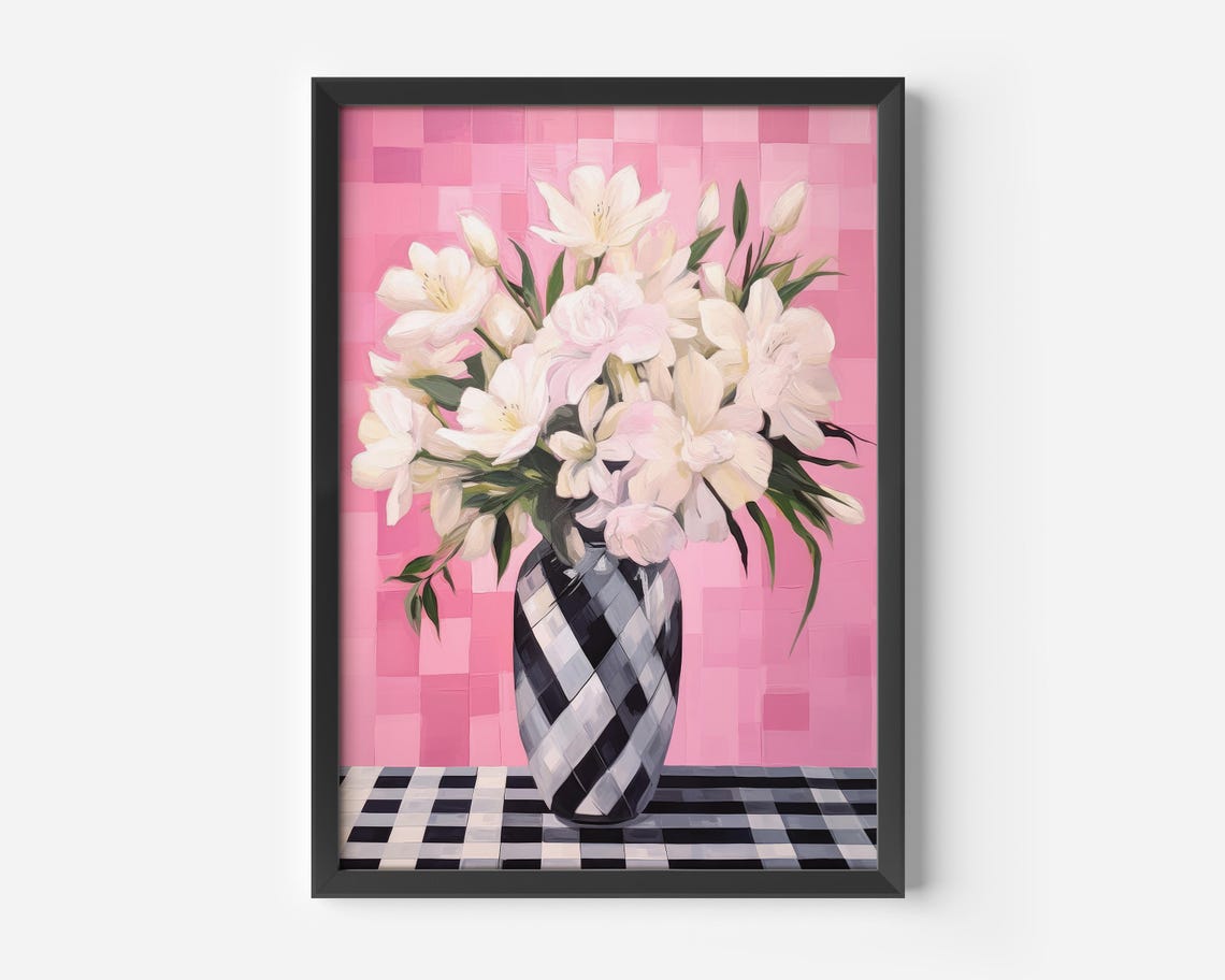 White Flowers Checkered Vase Pink Gingham Floral Still Life Wall Art
