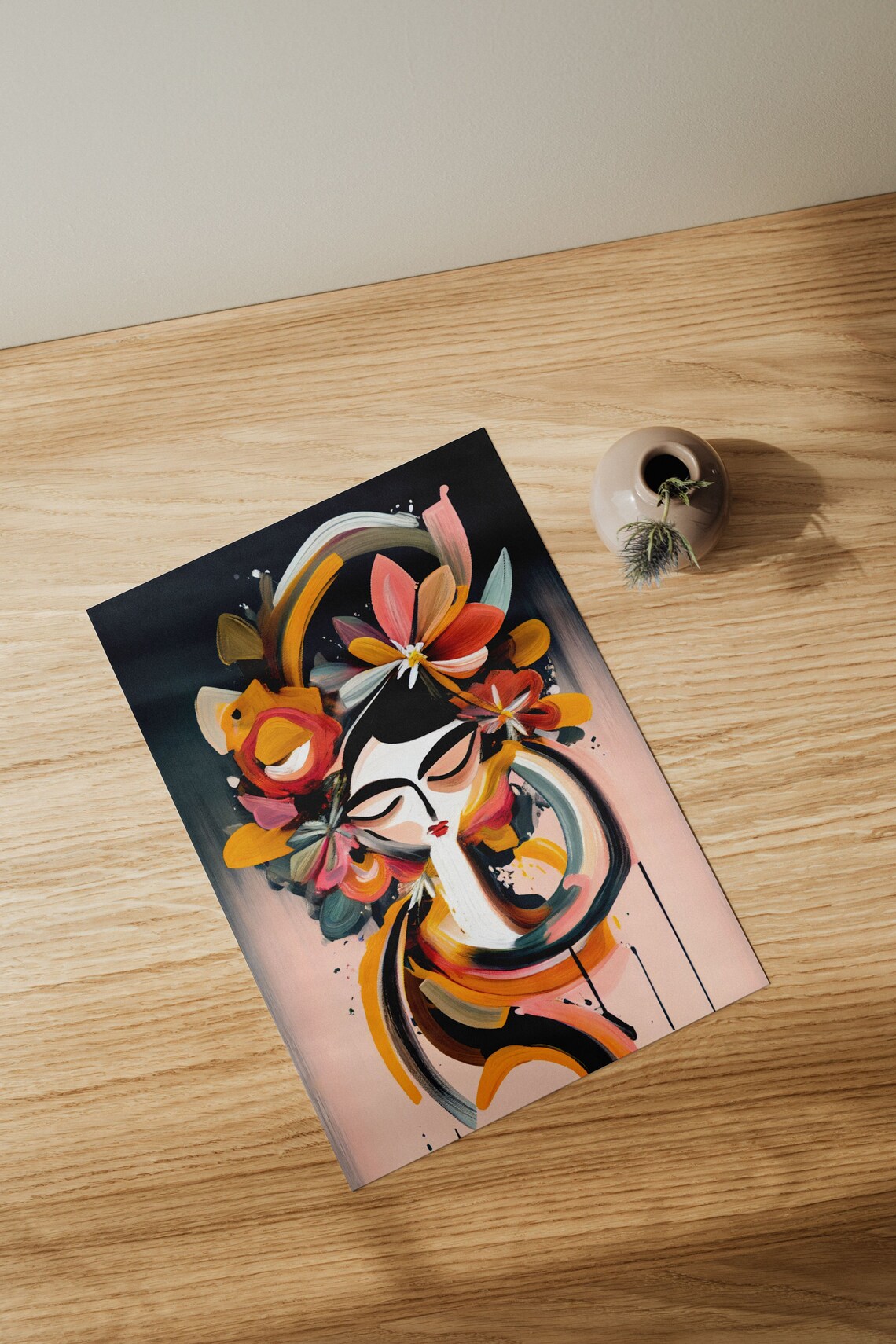 Bold Colorful Abstract Woman Portrait with Flowers Art Poster