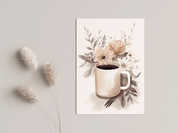 Kitchen Poster Flower Arrangement Minimalist Cup Watercolor Beige Brown Coffee Design Art Print Living Room Hallway Decoration Pictures