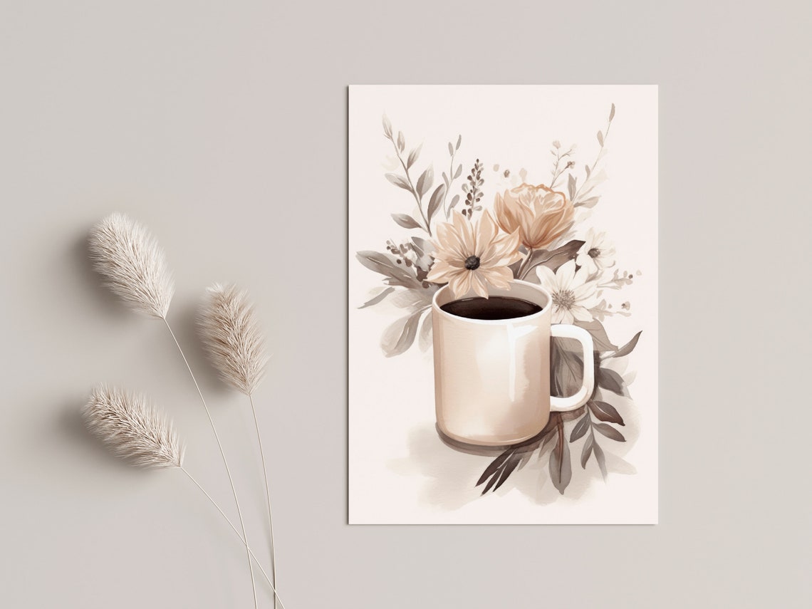 Coffee Mug with Beige Flowers Watercolor Cozy Kitchen Wall Art