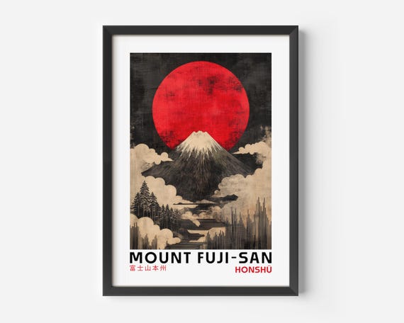 Mount Fuji Poster Japan Style Red Sun Retro Illustration Dramatic Landscape Art Japanese Wall Decor Honshu Vintage Print