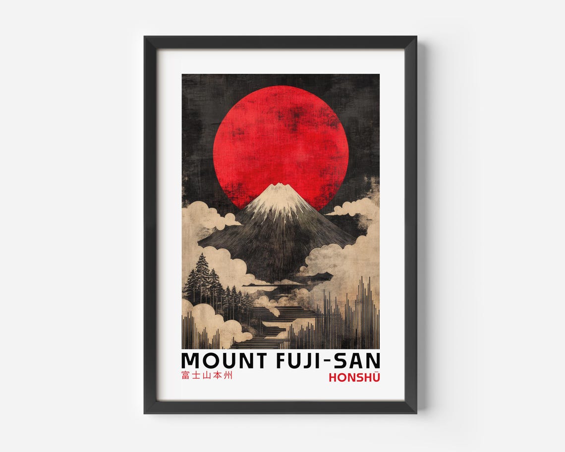 Mount Fuji Red Sun Japanese Retro Style Honshu Japan Art Poster