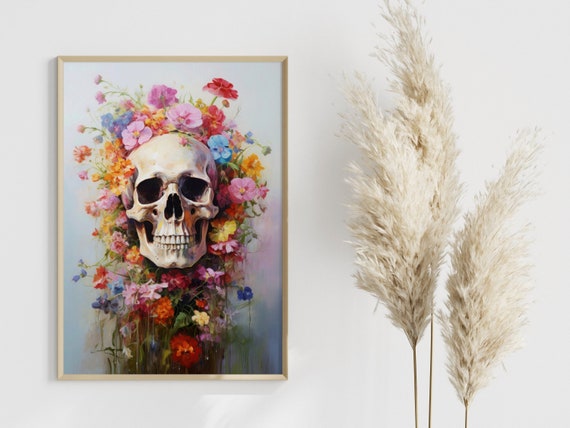 Creative Home Decor Concept Boho Style Skull And Flowers Artistic Floral Splendor Living Room Colorful Illustration