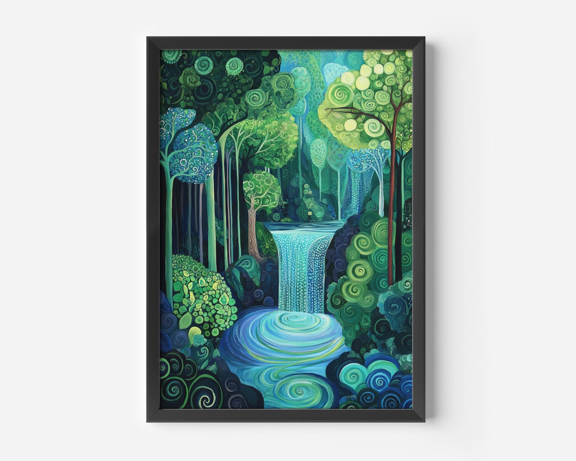 Abstract Green Forest Waterfall Swirl Stylized Nature Art Poster