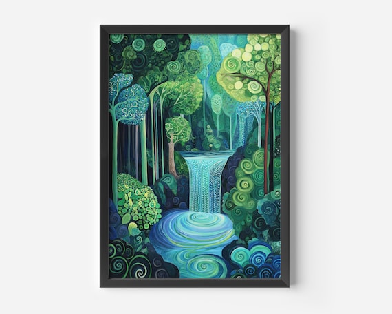 Abstract Green Forest Waterfall Swirl Stylized Nature Art Poster