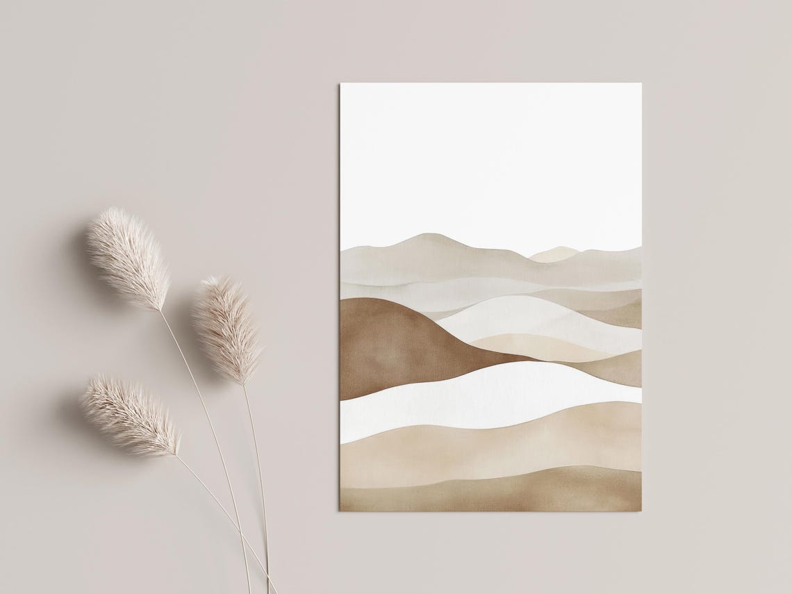 Beige Abstract Mountain Landscape Print for Calm Serene Spaces