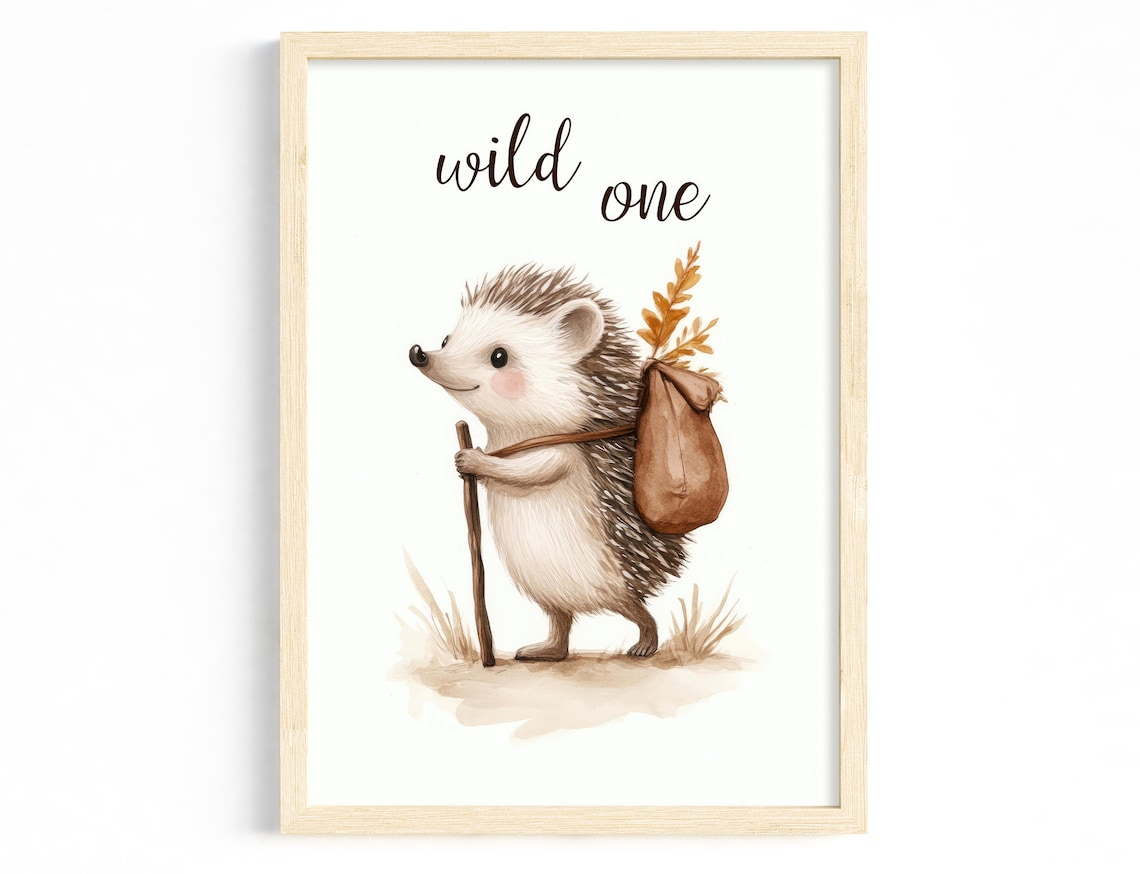 Wild One Hedgehog Watercolor Nursery Woodland Adventure Poster