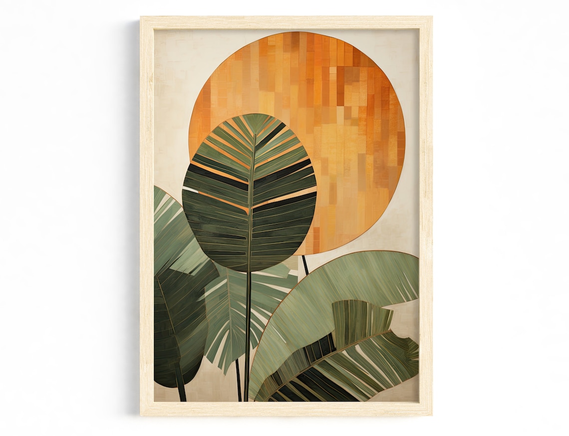 Artistic Plant Poster, Green Leaves and Golden Accents
