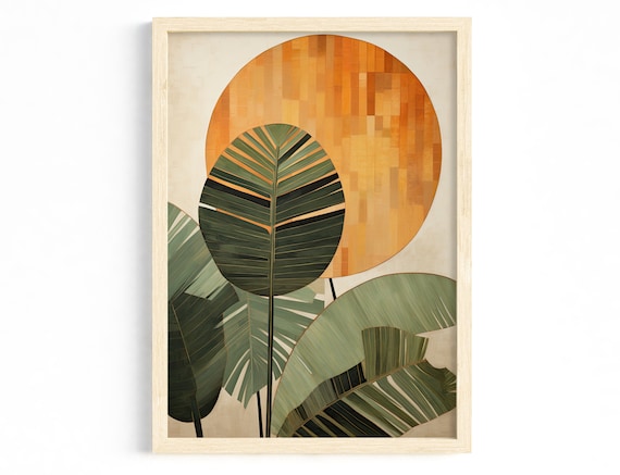 Artistic Plant Poster, Green Leaves and Golden Accents