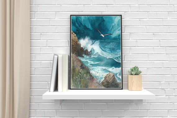 Bathroom Wall Art Maritime Nature Poster Watercolor Turquoise Wave Illustration With Seagull Coastal Landscape Print Relaxation Decoration
