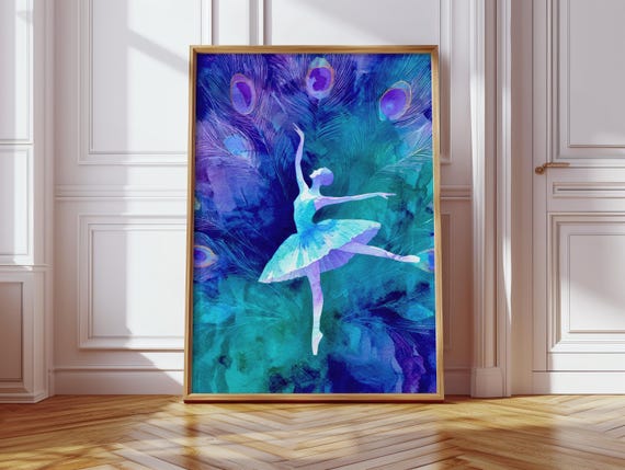 Elegant Living Room Decoration Poster Modern Ballerina Illustration Blue Turquoise Peacock Feather Dance Art Print Wall For Home And Office