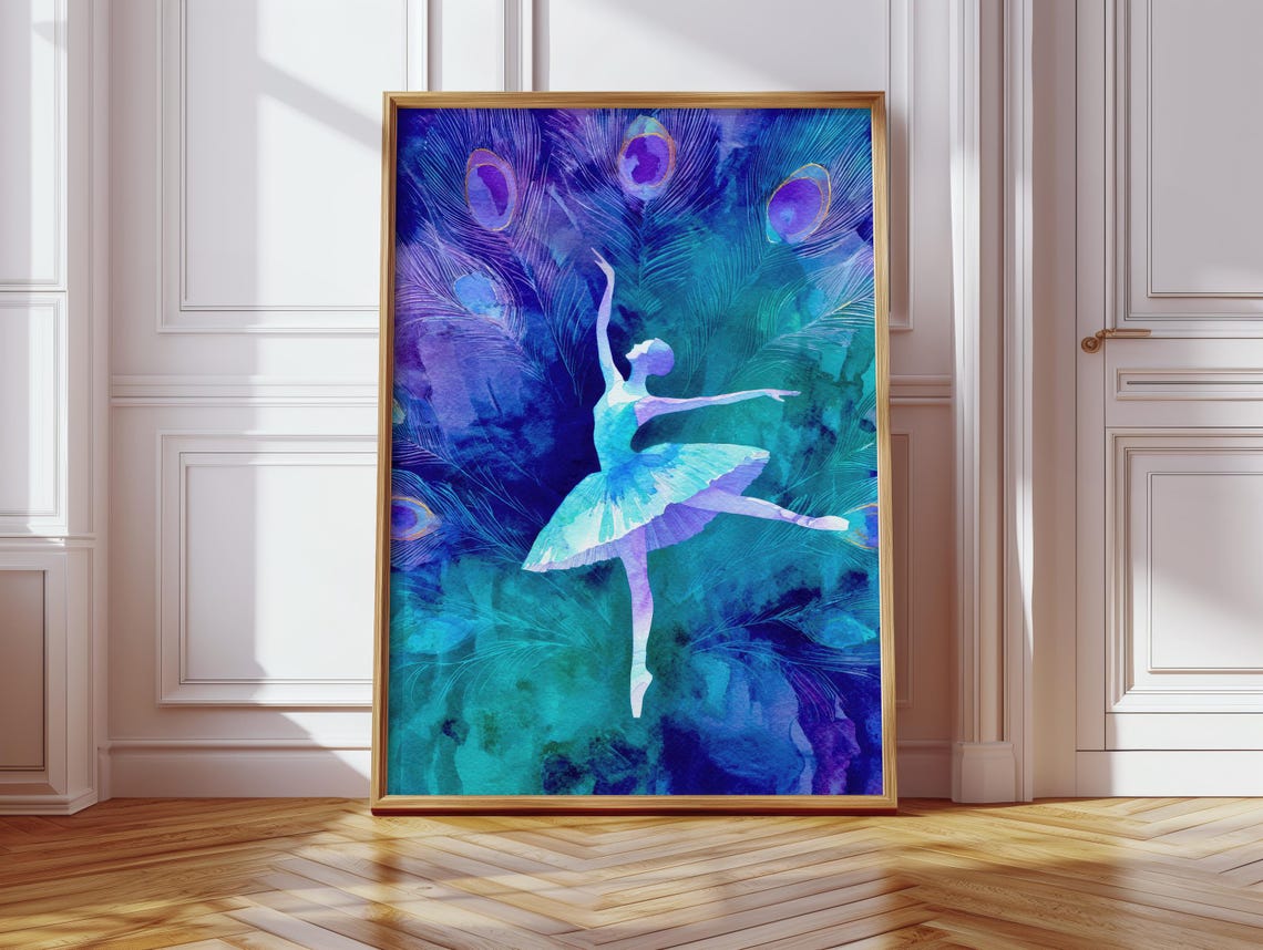 Ballerina Silhouette Watercolor Peacock Blue Ballet Dancer Wall Poster