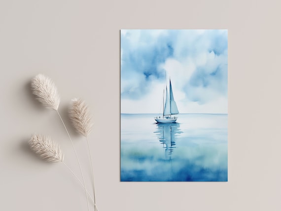 Watercolor Sailboat, Blue Minimalist Sea Art Print