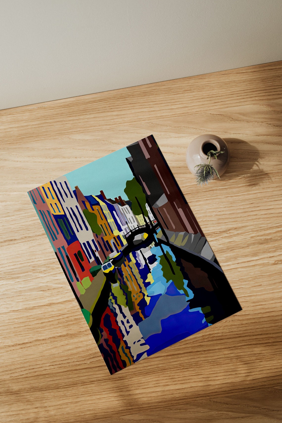 Abstract Colorful Canal Cityscape Vivid Modern Urban Art Poster