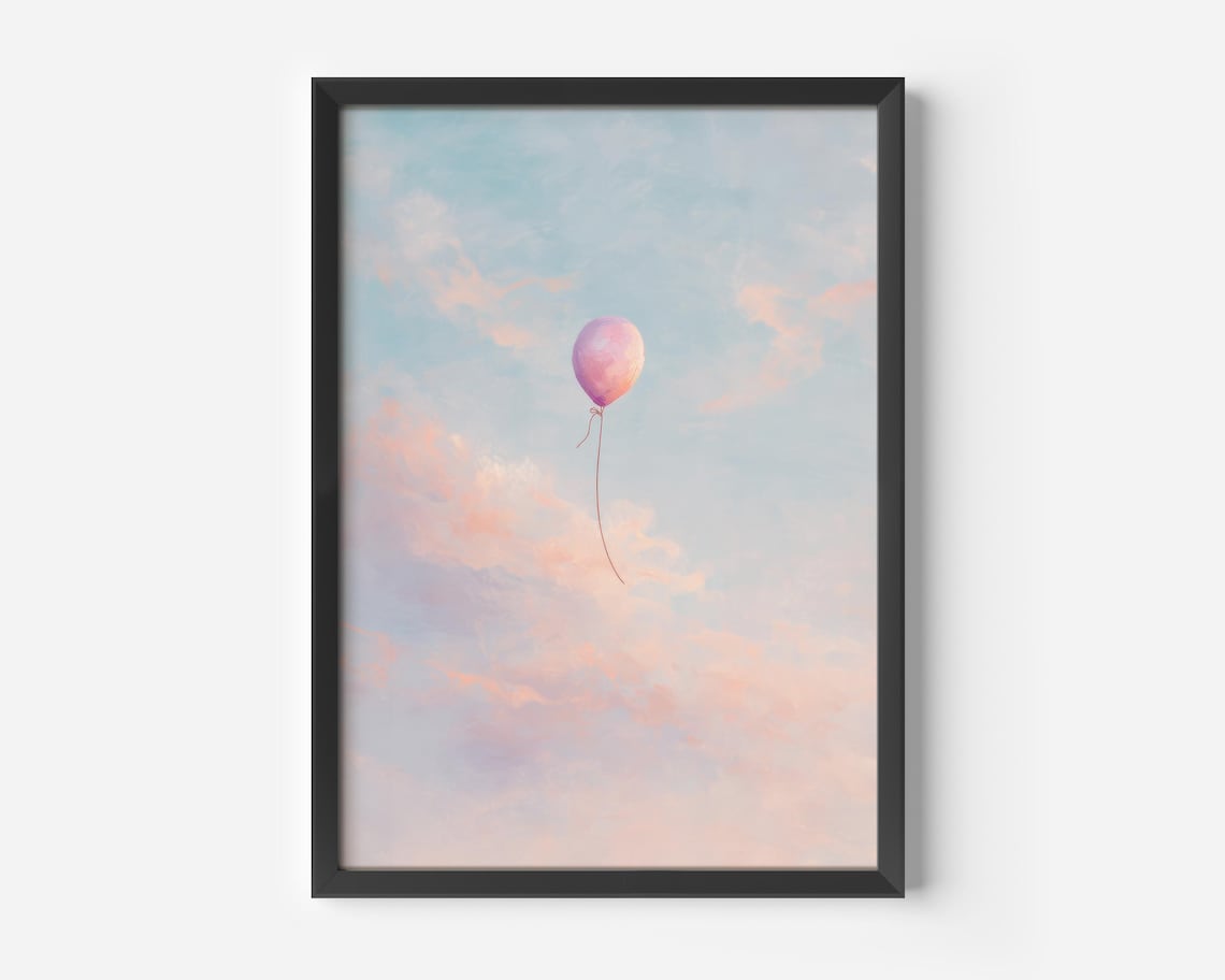 Dream Pastel Clouds Balloon Poster, Soft Sky Illustration