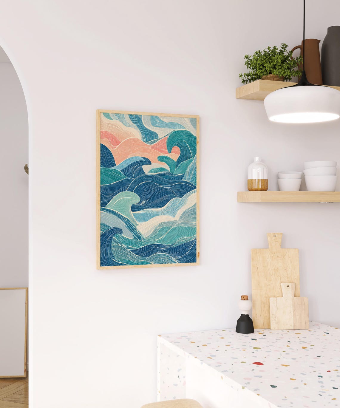 Abstract Ocean Waves Line Art Teal Blue and Coral Modern Poster