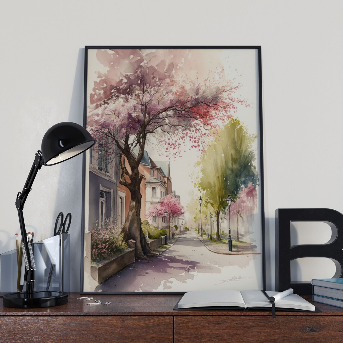 Watercolor Flower Street Romantic Landscape Art Print