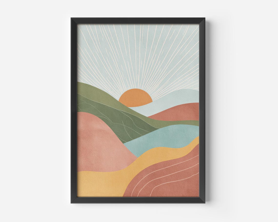 Abstract Sunrise Over Pastel Rolling Hills Boho Landscape Wall Art