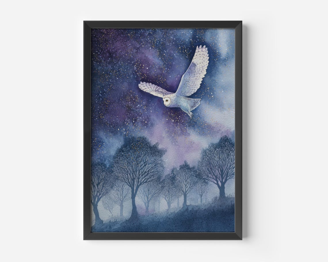White Owl Watercolor Night Sky Moonlit Forest Magical Poster