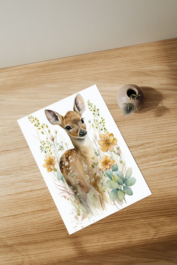 Vintage Fawn Watercolor Nursery Art Print, Boho Decor