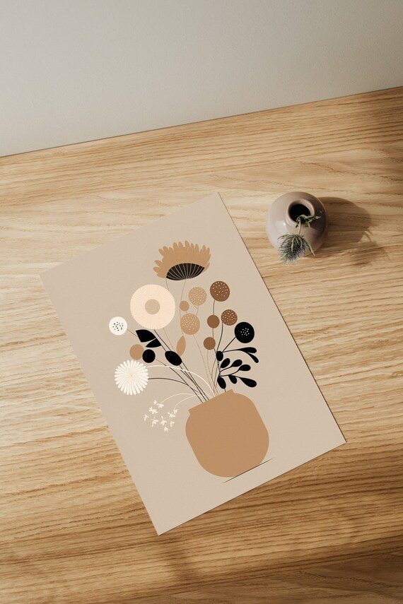 Scandinavian Living Room Wall Art Beige Botanical Poster Minimalist Flower Vase Illustration Bedroom Nature Motifs Office Decoration