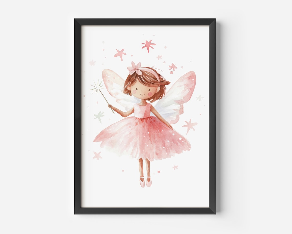 Nursery Fairy Decoration Watercolor Tale Poster Pink Cute Girl Picture Wall Art Baby Room Romantic Neutral Childrens Decor