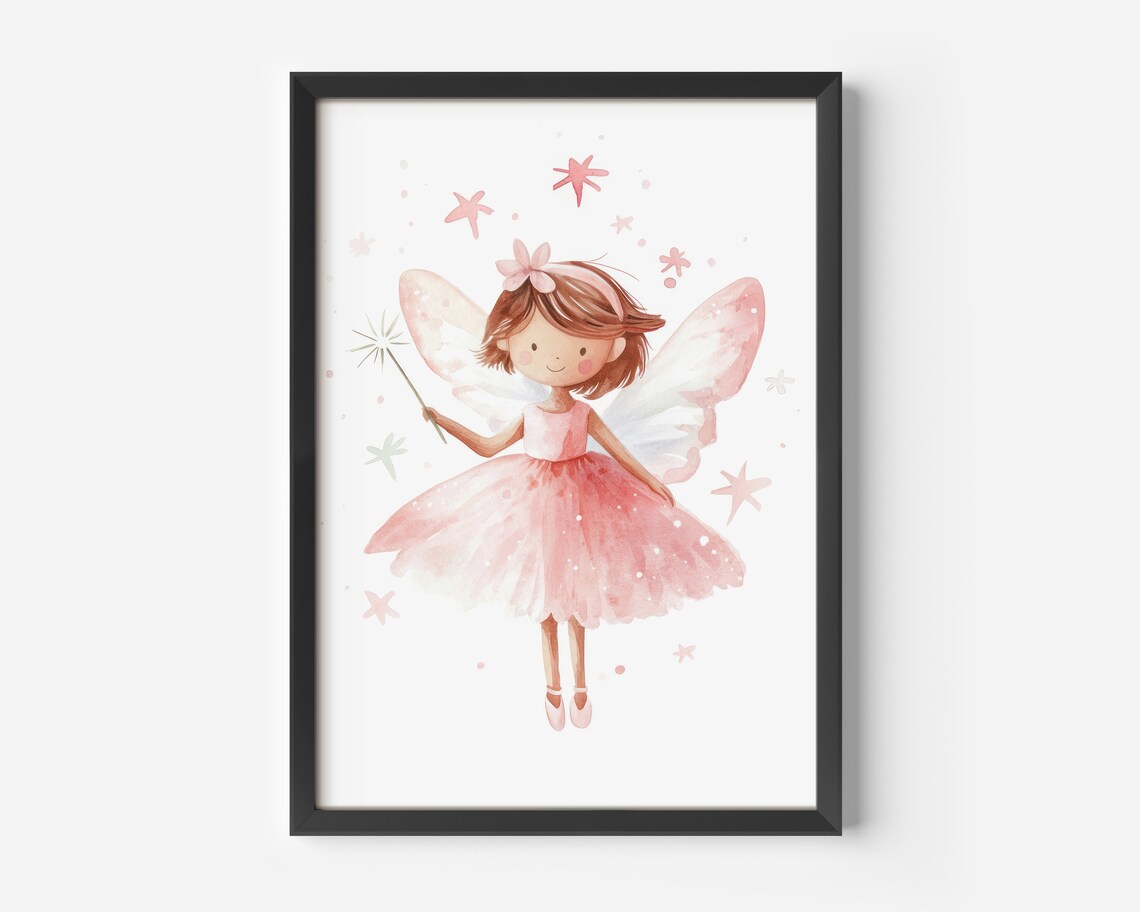 Pink Fairy Watercolor Wand Stars Sweet Nursery Girls Room Poster