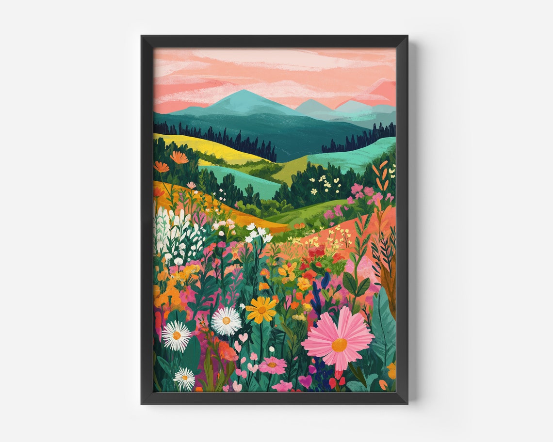 Colorful Mountain Wildflower Meadow Sunset Landscape Art Poster