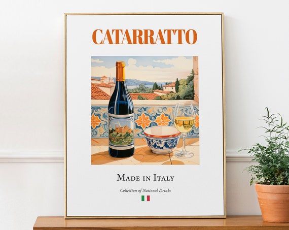 Catarratto Wine on Maiolica Tile, Italian Drink Poster