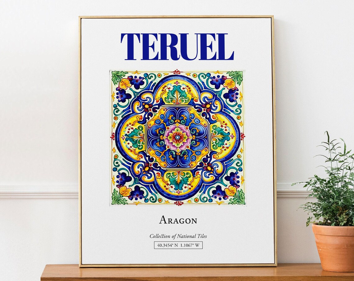 Teruel Aragon Spain Folk Tile Travel Poster
